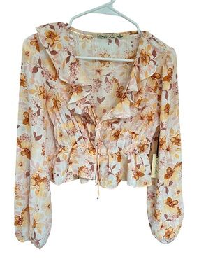 Liberty Love Floral Ruffle Peplum Blouse - Cream, Tan & Yellow
